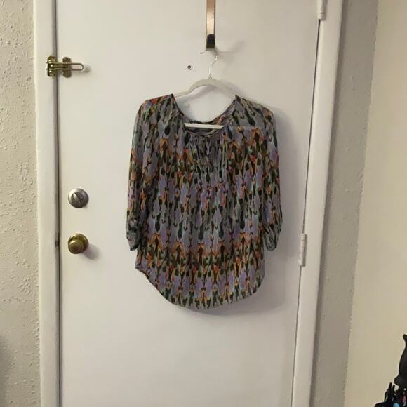 Express Sheer Printed 3/4 Sleeve Blouse with Front Tie S Dopamine Casual - Picture 5 of 12